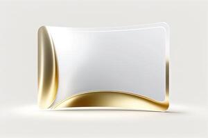 a white card for mockup, horizontal rectangular with rounded corner shapes, front view, stunning light, studio light, reflexion of hundred fine lines of gold reflection, white background photo