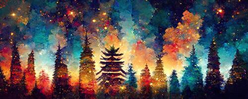 artistic colorful mosaic pattern christmas tree forest milky way at the background. Collage contemporary print with trendy decorative mosaic pattern with different colors, modern art. photo