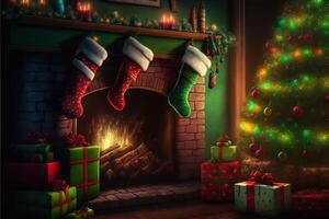 Beautiful holiday decorated room with Christmas tree, fireplace and with presents. Cozy winter scene. Warm color decor interior. Fireplace with christmas stockings, photo