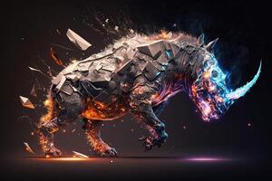 fusion of metal Rhino exploding through fire surrounded by scattered glass shards and debris, cosmic energy photo