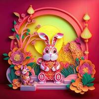 Paper cut quilling multidimensional chinese style cute zodiac rabbit with lanterns, blossom peach flower in background, chinese new year. Lunar new year 2023 concept photo
