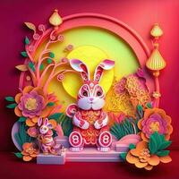 Paper cut quilling multidimensional chinese style cute zodiac rabbit with lanterns, blossom peach flower in background, chinese new year. Lunar new year 2023 concept photo
