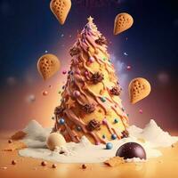 Perfect christmas tree made from vanila ice cream and cookies splashes, colored nuggets, candy. Christmas tree ice cream. Winter holiday concept. New Year greeting card photo