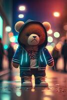 toy cute Bear in clothes jacket and sneakers on street background with neon lighting, photo