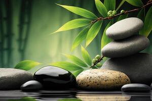 Bamboo and stones in a wellness spa. . Zen Stones and Bamboo on the water. relax, enjoy at spa concept photo