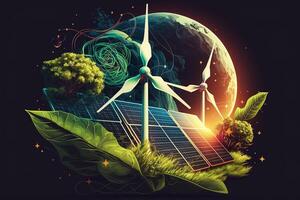 renovable energía antecedentes con verde energía como viento turbinas y solar paneles verde energía concepto energía fuentes sostenible ecología elementos generativo ai foto