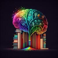 This whimsical image shows a brain with a library inside, its neurons and synapses lit up in a rainbow of joyful colors. A stack of books on a shelf indicates knowledge and learning, photo