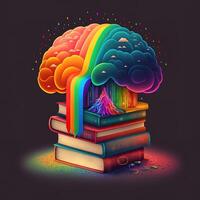 This whimsical image shows a brain with a library inside, its neurons and synapses lit up in a rainbow of joyful colors. A stack of books on a shelf indicates knowledge and learning, photo
