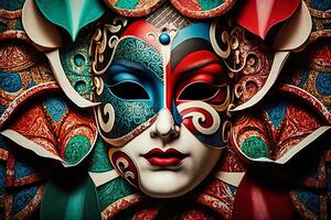 Illustration, multicolored carnival mask party inspired in ancient venetian dominos photo