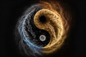 Golden and black yin yang symbol with floating powder on black background. abstraction, Buddhism, Hinduism, symbol, religion, balance concept. photo