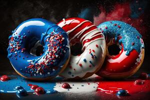 Red, White, and Blue Doughnuts with Glaze. . Fresh sweet donuts in motion with multicolored fruit glaze and sprinkles decorated. Fast sweet food concept, bakery ad design elements. photo