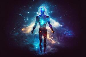 astral cuerpo silueta con resumen espacio antecedentes. esotérico, espiritual vida y meditación concepto. vida futura y conexión con otro mundos creado con generativo ai foto