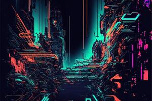 Abstract background with interlaced digital glitch and distortion effect. Futuristic cyberpunk design. Retro futurism, web punk, rave 80s 90s cyberpunk aesthetic techno neon colors. photo