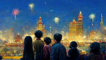 Asian family watching firework and celebrating together. Happy new year by painting. photo