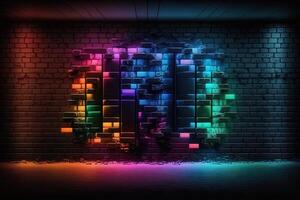 Modern futuristic blank brick wall background with neon lights. old grunge brick wall room background. Colorful copy space concept. photo