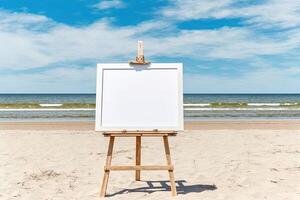 White blank artist frame on a small wooden easel on summer sea beach background with copy space. Advertising mockup artboard for pictures or artwork. Painting frame template banner. photo