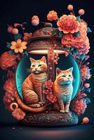 abstract design chinese new year cute cats with spring colors, surreal fantasy, peach flower. Happy new year concept 2023. Year of Cat. Lunar new year photo