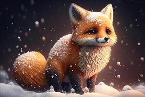 Cute red fox baby cartoon dreamlike in snow, winter, . Animal and landscape concept. photo