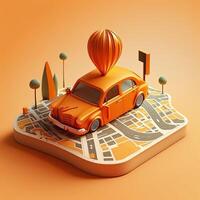 Online mobile application taxi ordering service , Orange taxi car driving along the route to the marker on a smart phone, on a city map. Car and satellite navigation systems concept. photo