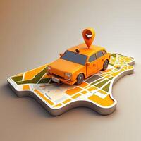 Online mobile application taxi ordering service , Orange taxi car driving along the route to the marker on a smart phone, on a city map. Car and satellite navigation systems concept. photo