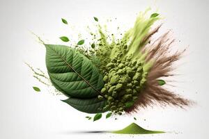 powder flavored explosion white background with kratom leafs mockup for matcha tea. photo