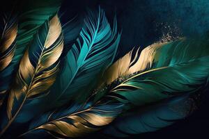 Abstract background with feather pattern, gradients and texture, digital painting in blue, green and gold, red, teal, orange colors, created with photo