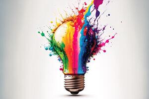 illustration of colorful bulb with splash of colors on white background. Creativity, eureka, imagination, inspiration. . Idea and solution concept photo