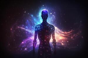 astral cuerpo silueta con resumen espacio antecedentes. esotérico, espiritual vida y meditación concepto. vida futura y conexión con otro mundos creado con generativo ai foto