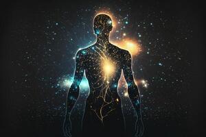 astral cuerpo silueta con resumen espacio antecedentes. esotérico, espiritual vida y meditación concepto. vida futura y conexión con otro mundos creado con generativo ai foto