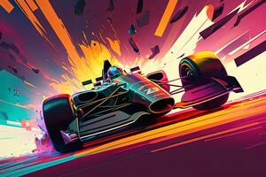 Futuristic racing formula at fast ride to finish. Post product digital illustration. Racing car in motion, Powerful acceleration of a car on a night track with colorful lights and trails photo