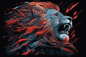 Poster of Lion roaring, Abstract poster of a dangerous and powerful roaring male lion. . Creative fire flames art paint coming from the mad king of the jungle. photo