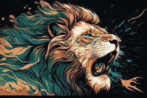 Poster of Lion roaring, Abstract poster of a dangerous and powerful roaring male lion. . Creative fire flames art paint coming from the mad king of the jungle. photo