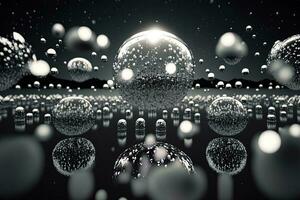 Christmas white decorations on snow with fir tree branches. Winter Decoration Background. Focus of tiny liquid mirror balls falling from the sky , each containing a tiny perfect city inside photo