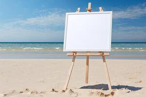 White blank artist frame on a small wooden easel on summer sea beach background with copy space. Advertising mockup artboard for pictures or artwork. Painting frame template banner. photo