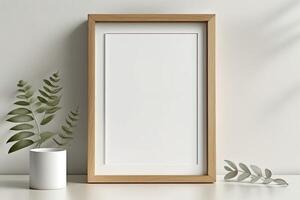 Blank picture frame mockup on wall in modern interior. Artwork template mock up in interior design. Wooden Picture Frame Mockup on White Wall Minimalist - photo