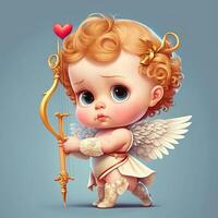 adorable baby cupid beautiful portrait, full body hand holding a bow and arrow, cartoon style character. Love and valentine concept. photo