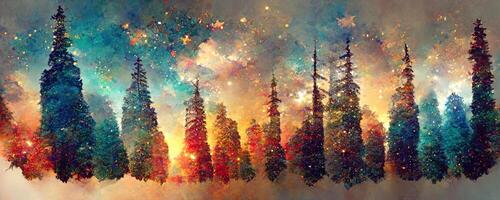 artistic colorful mosaic pattern christmas tree forest milky way at the background. Collage contemporary print with trendy decorative mosaic pattern with different colors, modern art. photo