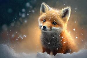 Cute red fox baby cartoon dreamlike in snow, winter, . Animal and landscape concept. photo