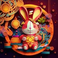 Paper cut quilling multidimensional chinese style cute zodiac rabbit with lanterns, blossom peach flower in background, chinese new year. Lunar new year 2023 concept photo