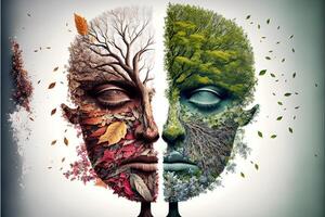 illustration of the four temporal seasons in one face, one frame, one tree. Nature concept. Digitally generated image photo