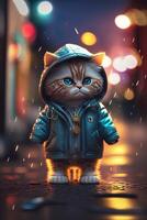 toy cute cat in clothes jacket and sneakers on street background with neon lighting, photo
