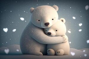 dos linda polar abrazo juntos en blanco nieve antecedentes. madre y bebé polar oso acurrucarse como familia en nieve en invierno. generativo ai foto