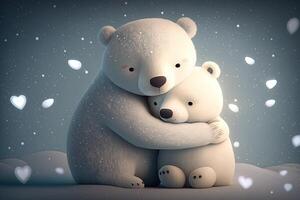Two cute polar hug together in white snow background. Mother and baby polar bear cuddling as family in snow in winter. photo