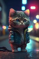 juguete linda gato en ropa chaqueta y zapatillas en calle antecedentes con neón Encendiendo, generativo ai foto