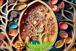 paper cut quilling multi dimensional easter egg in easter celebration, a lot of egg and small rabbit in background. Spring concept. photo