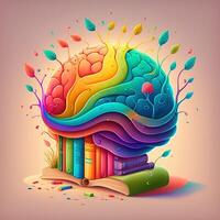 This whimsical image shows a brain with a library inside, its neurons and synapses lit up in a rainbow of joyful colors. A stack of books on a shelf indicates knowledge and learning, photo