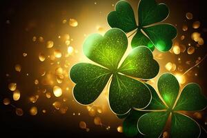 Festive background with shining clover shamrocks and golden bokeh. St. Patrick's Day backdrop. illustration photo