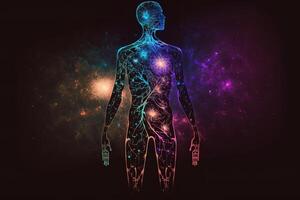 astral cuerpo silueta con resumen espacio antecedentes. esotérico, espiritual vida y meditación concepto. vida futura y conexión con otro mundos creado con generativo ai foto