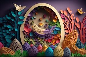 paper cut quilling multi dimensional easter egg in easter celebration, a lot of egg and small rabbit in background. Spring concept. photo