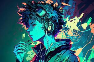 an neon gamer anime fashion boy or man wearing headphones, lost in his music. abstract background that evokes the feeling of different genres of music. banner music concept photo